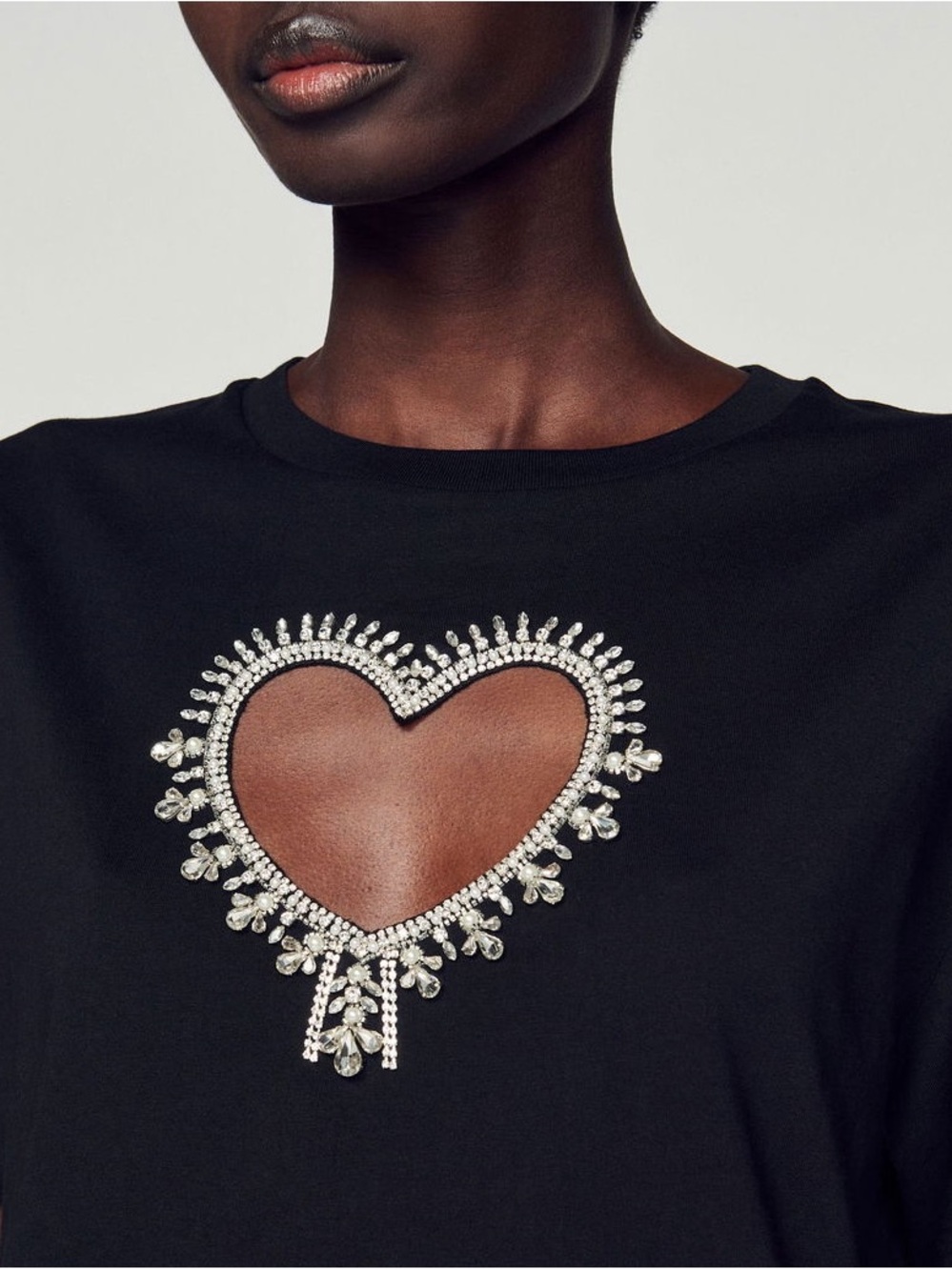 SANDRO Organic cotton rhinestone heart T-shirt